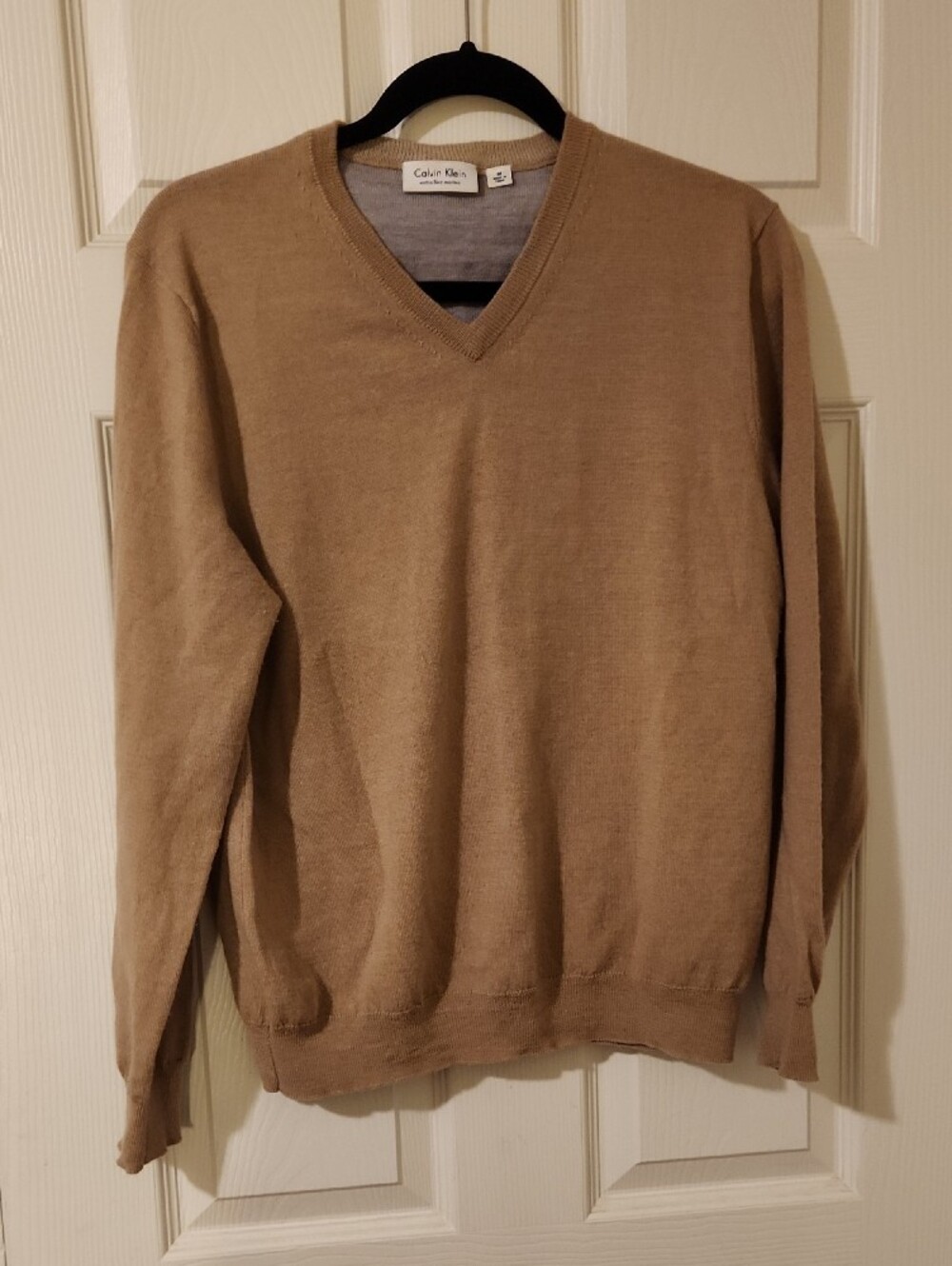 Calvin Klein Extra Fine Merino V Neck Sweater - Camel Brown Sz M